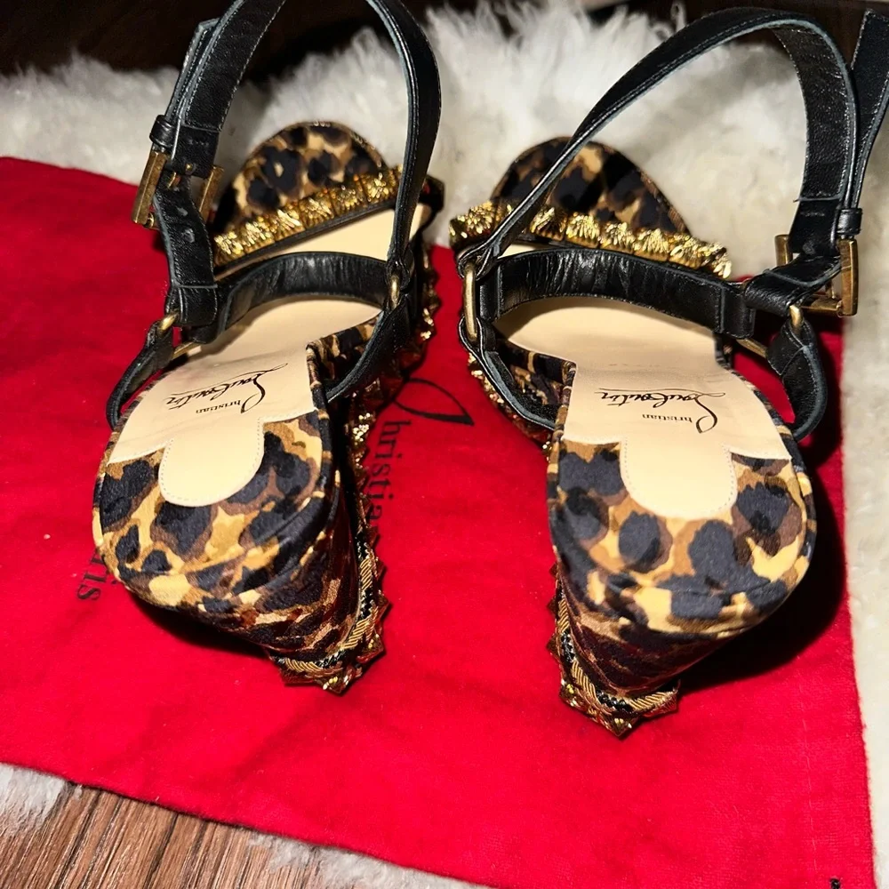 Christian Louboutin Black & Leopard Studded Wedge Sandals